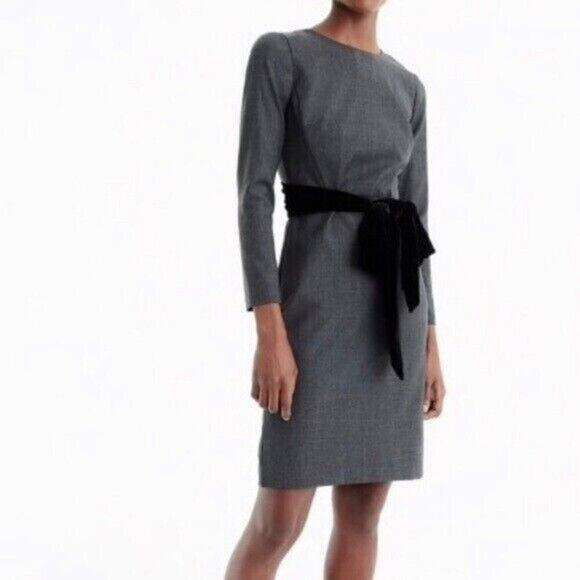 J. Crew Sheath‎ Dress Wool Blend Long Sleeve Velvet Belt Tie Charcoal Women Sz 2 - Picture 1 of 8